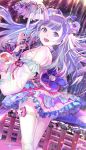  119 1girl :d blue_eyes bow check_character detached_sleeves fish goldfish hair_bow hairband highres leti_(teria_saga) looking_at_viewer night night_sky open_mouth outdoors purple_bow purple_hair railing sash sky smile solo standing star teria_saga thigh_strap umbrella 