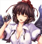  1girl ;d bangs black_neckwear black_ribbon black_wings blush breasts brown_eyes brown_hair camera cleavage collarbone commentary_request eyebrows_visible_through_hair feathered_wings hair_between_eyes hand_on_hip hand_up hat head_tilt holding holding_camera large_breasts looking_at_viewer moneti_(daifuku) nail_polish neck_ribbon one_eye_closed open_mouth pointy_ears puffy_short_sleeves puffy_sleeves red_nails ribbon shameimaru_aya short_sleeves simple_background smile solo tassel tokin_hat touhou upper_body white_background wings 