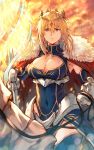  1girl ahoge armor artoria_pendragon_(all) artoria_pendragon_(lancer) bangs blue_dress blue_gloves blue_legwear blue_leotard breasts cape closed_mouth commentary_request covered_navel crown dress eyebrows_visible_through_hair facing_viewer fate/grand_order fate_(series) fur-trimmed_cape fur_trim gauntlets gloves glowing glowing_weapon green_eyes hair_between_eyes highres horse horseback_riding lance large_breasts leotard looking_at_viewer makimura_shunsuke polearm red_cape rhongomyniad riding sidelocks underbust weapon white_horse 