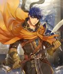  1boy akke armor axe blue_eyes blue_hair cape cosplay fire_emblem fire_emblem:_souen_no_kiseki fire_emblem_heroes gloves greil greil_(cosplay) headband ike looking_at_viewer male_focus nintendo short_hair simple_background solo weapon 