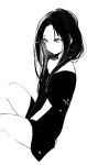  1girl bangs bare_shoulders closed_mouth dress forehead greyscale long_hair looking_away lpip monochrome off-shoulder_dress off_shoulder original parted_bangs short_sleeves signature simple_background solo white_background 