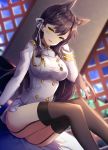  1girl animal_ears arm_support ass atago_(azur_lane) azur_lane bangs black_hair black_legwear blue_sky blush breasts brown_eyes clouds day extra_ears eyebrows_visible_through_hair gloves hair_ribbon hand_behind_head hand_on_own_head indoors jacket knees_up large_breasts light_particles long_hair looking_at_viewer medal military military_uniform miniskirt mole mole_under_eye non_(nobu) open_mouth ribbon sidelocks sitting skirt sky smile solo swept_bangs thigh-highs thighs uniform white_jacket white_ribbon white_skirt 