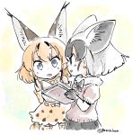  2girls black_gloves black_hair black_neckwear blonde_hair blue_eyes book bow bowtie caracal_ears caraval_(kemono_friends)_(panzuban) commentary fennecoon_(kemono_friends)_(panzuban) fur_collar gloves grey_hair holding holding_book kemono_friends looking_at_another medium_hair multicolored_hair multiple_girls open_mouth original panzuban print_legwear print_neckwear print_skirt puffy_short_sleeves puffy_sleeves serval_print serval_tail short_sleeves skirt tail thigh-highs twitter_username two-tone_hair 