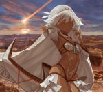  1girl altera_(fate) arm_up armpits bangs black_nails blunt_bangs breasts brown_eyes canyon choker closed_mouth collarbone dark_skin day expressionless fate/grand_order fate_(series) fingernails full_body_tattoo headdress hips light_trail looking_at_viewer midriff multicolored multicolored_sky nail_polish navel outdoors revealing_clothes rock short_hair skirt sky small_breasts solo standing stomach stomach_tattoo sun tan tattoo teke_(exploration) thighs veil white_hair white_skirt 