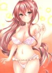  1girl bangs bare_arms bare_shoulders blush bra breasts brown_hair cherry_blossoms cleavage closed_mouth collarbone commentary_request cowboy_shot crossed_bangs eyebrows_visible_through_hair floral_print flower hair_between_eyes hair_flower hair_intakes hair_ornament highleg highleg_panties highres kantai_collection large_breasts long_hair looking_at_viewer navel orange_eyes panties pink_flower ponytail pulled_by_self smile solo strap_pull thighs underwear very_long_hair white_bra white_panties yamato_(kantai_collection) yoruoujito-tsukinohime 