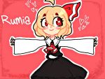  1girl ascot black_skirt blonde_hair blouse blush character_name commentary english_commentary eyebrows_visible_through_hair hair_between_eyes hair_ribbon heart heart-shaped_pupils long_sleeves outstretched_arms red_background red_eyes ribbon rumia shirt short_hair skirt smile solo spread_arms symbol-shaped_pupils the_embodiment_of_scarlet_devil thepiratedoge touhou vest white_blouse white_shirt wide_sleeves 