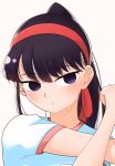  1girl absurdres black_hair gym_uniform headband highres komi-san_wa_komyushou_desu komi_shouko ponytail solo stretch 