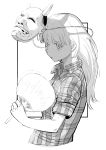  absurdres bangs collared_shirt expressionless fan fanning fanning_face fanning_self greyscale hata_no_kokoro highres holding holding_fan long_hair mask mask_on_head monochrome nogood_chair oni_mask plaid plaid_shirt shirt sleeves_rolled_up sweat touhou upper_body white_background 