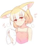  1girl :3 alternate_costume ancolatte_(onikuanco) animal_ear_fluff animal_ears bare_shoulders blonde_hair blush collarbone commentary_request extra_ears eyebrows_visible_through_hair fennec_(kemono_friends) fox_ears highres kemono_friends short_hair sleeveless solo spaghetti_strap sweatdrop tank_top towel translated upper_body 