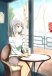  1girl bangs blue_eyes casual chair closed_mouth coffee_cup commentary cup disposable_cup eyebrows_visible_through_hair girls_und_panzer highres holding holding_cup indoors itsumi_erika light_frown long_hair looking_to_the_side silver_hair sitting solo table tree umxzo window 