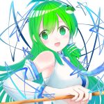  1girl ahoge bare_shoulders blue_necktie blush breasts collar detached_sleeves frog gohei green_eyes green_hair hair_accessories hair_tube kochiya_sanae long_hair necktie nozawo open_mouth sarashi shirt smile snake star stars touhou 