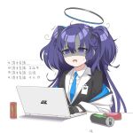  1girl bangs black_gloves black_jacket blue_archive blue_necktie can collared_shirt computer empty_eyes energy_drink gloves hair_between_eyes half_gloves halo jacket laptop monster_energy necktie o_(rakkasei) off_shoulder parted_bangs purple_hair shaded_face shirt simple_background solo translation_request trembling two_side_up violet_eyes white_background white_jacket white_shirt yuuka_(blue_archive) 