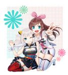  &gt;:d 2girls :d a.i._channel arm_warmers bangs bare_shoulders black_bow black_dress bow breasts cleavage cleavage_cutout dress hair_ornament hairband hairclip hand_holding interlocked_fingers kaguya_luna kaguya_luna_(character) kizuna_ai kneeling lace lace-trimmed_sleeves lace-trimmed_thighhighs medium_breasts multicolored_hair multiple_girls obi open_mouth pink_hair pink_hairband pink_ribbon red_legwear ribbon sailor_collar sash shirt short_shorts shorts side_slit silver_hair sitting sleeveless sleeveless_dress sleeveless_shirt smile streaked_hair swept_bangs thigh-highs twintails v virtual_youtuber white_ribbon white_sailor_collar white_shorts wrist_ribbon x_hair_ornament yokozuwari zettai_ryouiki zombie_(rkdup11) 