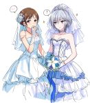  2girls ? anastasia_(idolmaster) bare_shoulders blue_eyes blush bouquet bridal_gauntlets bridal_veil brown_eyes brown_hair covering_mouth dress earrings flower hair_ornament idolmaster idolmaster_cinderella_girls jewelry long_hair love_laika multiple_girls necklace nitta_minami romi_(346_ura) short_hair silver_hair sparkle spoken_blush spoken_question_mark tiara veil wedding_dress yuri 