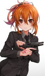  1girl :| ahoge bangs black_jacket black_neckwear black_ribbon closed_mouth command_spell commentary_request eyebrows_visible_through_hair fate/grand_order fate_(series) formal fujimaru_ritsuka_(female) glock_17 gradient gradient_background grey_shirt gun hair_between_eyes hair_ribbon handgun highres holding holding_gun holding_weapon jacket long_sleeves looking_at_viewer medium_hair necktie orange_eyes orange_hair ponytail ribbon shirt shuutou_haruka solo trigger_discipline upper_body weapon wing_collar 