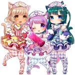  3girls :3 :d ;p animal_ears blue_eyes blue_legwear blue_shirt blush brown_eyes brown_legwear cat_ears cat_girl cat_tail character_request chibi chiitamu closed_mouth commentary_request fang green_hair hand_on_hip hat heart heart-shaped_pupils highres holding holding_syringe kemonomimi_mode large_syringe light_brown_hair long_hair long_sleeves multicolored multicolored_clothes multiple_girls nurse_cap one_eye_closed open_mouth oversized_object pink_footwear pink_legwear pripara puffy_long_sleeves puffy_sleeves purple_footwear purple_hair purple_skirt red_footwear scalpel shirt simple_background skirt smile standing standing_on_one_leg stethoscope striped striped_hat symbol-shaped_pupils syringe tail tail_raised thigh-highs tongue tongue_out tsukikawa_chiri very_long_hair violet_eyes white_background yellow_skirt 