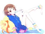  1girl bare_legs brown_eyes brown_hair commentary_request food hair_ornament hairclip hood hoodie idolmaster idolmaster_cinderella_girls knees_up long_sleeves looking_at_viewer nail_polish popsicle rug sack sasaki_chie short_hair sitting socks_removed solo stuffed_toy white_background 
