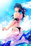  1boy adjusting_hair amamiya_ren armband atlus barefoot bikini black_hair black_swimsuit blue_sky crossdressinging feet hat lens_flare lipstick long_hair looking_at_viewer looking_back makeup megami_tensei mitsuha_(bless_blessing) otoko_no_ko partially_submerged persona persona_5 persona_5:_dancing_star_night police_hat sky smile solo summer swimming swimsuit trap water wet wig 