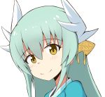  1girl bangs blue_kimono blush brown_eyes closed_mouth dragon_horns eyebrows_visible_through_hair fate/grand_order fate_(series) green_hair hair_between_eyes head_tilt headgear highres horns japanese_clothes kimono kiyohime_(fate/grand_order) long_hair looking_at_viewer mitchi simple_background smile solo white_background 