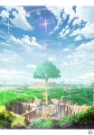  absurdres artist_name bridge clouds day fantasy highres no_humans original outdoors pigsomedom rainbow scenery sky solo tree 