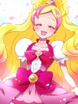  1girl :d ^_^ ^o^ blush bow closed_eyes closed_eyes cure_flora dress earrings flower flower_earrings flower_necklace gloves go!_princess_precure haruno_haruka jewelry kagami_chihiro long_hair magical_girl mode_elegant_(go!_princess_precure) multicolored_hair necklace open_mouth petals pink_bow precure puffy_short_sleeves puffy_sleeves short_sleeves skirt_hold smile solo streaked_hair thick_eyebrows two-tone_hair upper_body white_gloves 