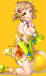  1girl ball bare_shoulders beachball bikini breasts chikugen_shiina gauntlets hair_ornament hairclip headgear headphones light_brown_hair looking_at_viewer medium_breasts navel open_mouth orange_background orange_eyes senki_zesshou_symphogear shiny shiny_hair shiny_skin short_hair simple_background solo swimsuit tachibana_hibiki_(symphogear) 