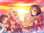  5girls :d ^_^ afterglow_(bang_dream!) aoba_moka bang_dream! bangs black_hair blue_jacket bob_cut brown_eyes brown_hair brown_jacket brown_scarf closed_eyes closed_eyes commentary_request eyebrows_visible_through_hair green_eyes grey_hair hand_holding hands_on_another&#039;s_shoulders hazawa_tsugumi jacket long_hair long_sleeves low_twintails medium_hair mitake_ran multicolored_hair multiple_girls open_mouth outdoors pink_hair pink_jacket plaid plaid_scarf plaid_shirt red_eyes redhead scarf shirt short_hair smile snowing streaked_hair sunset sweatshirt tsurugi_hikaru twintails udagawa_tomoe uehara_himari upper_teeth winter_clothes yellow_scarf 