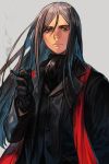  1boy black_eyes black_gloves black_hair cigar fate_(series) gloves grey_background hankuri long_coat long_hair lord_el-melloi_ii lord_el-melloi_ii_case_files male_focus scarf smoke waver_velvet 