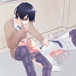  1boy 1girl bangs black_hair blazer blue_eyes blush brown_jacket closed_eyes collared_shirt commentary_request couple darling_in_the_franxx hair_ornament hair_over_one_eye hairband hand_holding hand_on_another&#039;s_chest hand_on_another&#039;s_leg hand_up hetero hiro_(darling_in_the_franxx) holding_another&#039;s_hair horns jacket long_hair long_sleeves looking_at_another lying lying_on_lap lying_on_person necktie on_back oni_horns pants pink_hair plaid plaid_pants plaid_skirt purple_pants purple_skirt red_horns sakuragouti school_uniform shirt sitting skirt sleeping sleeping_on_person striped striped_neckwear white_hairband white_shirt wing_collar zero_two_(darling_in_the_franxx) 