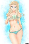  1girl aqua_background aqua_bikini arm_behind_back bangs bikini blonde_hair blue_eyes clara_(girls_und_panzer) closed_mouth commentary_request cowboy_shot girls_und_panzer hand_on_own_chest layered_bikini long_hair looking_at_viewer navel parted_bangs skindentation smile solo sparkle standing swimsuit thigh_gap thighs umxzo 