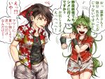  2girls alternate_costume black_hair bow facial_tattoo fangs green_hair hair_bow hair_tubes hakurei_reimu hands_in_pockets hawaiian_shirt hidden_star_in_four_seasons horn komano_aun long_hair multiple_girls open_clothes open_shirt ryuuichi_(f_dragon) shirt short_sleeves shorts tattoo touhou translation_request 