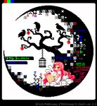  1girl animal animal_hug animated animated_gif apple bare_tree bird birdcage blinking blue_flower cage crescent_moon crow english_text flower food fruit hair_ornament hairclip legs_together long_hair long_sleeves moon original pink_eyes pink_hair pink_shirt pixel_art rabbit red_flower shiny shiny_hair shirt short_sleeves skull toyoi_yuuta translated tree very_long_hair 