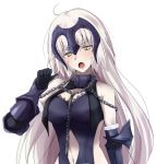  1girl ahoge black_gloves blush breasts character_name eyebrows_visible_through_hair fate/grand_order fate_(series) gloves headpiece jeanne_d&#039;arc_(alter)_(fate) jeanne_d&#039;arc_(fate)_(all) large_breasts long_hair navel navel_cutout rikudou_inuhiko side_cutout solo sweat white_background yellow_eyes 