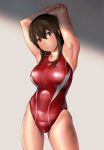  1girl akagi_(kantai_collection) armpits arms_behind_head arms_up bangs bare_shoulders blush breasts brown_eyes brown_hair closed_mouth competition_swimsuit highres hips kantai_collection large_breasts long_hair looking_at_viewer one-piece_swimsuit red_swimsuit smile solo straight_hair swimsuit thighs wa_(genryusui) waist wet 