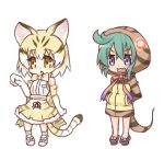  2girls animal_ears bare_shoulders blonde_hair blue_eyes blush cat_ears cat_girl cat_tail commentary_request elbow_gloves full_body geta gloves green_hair hands_in_pockets hono hood hood_up hoodie kemono_friends lowres multicolored_hair multiple_girls neck_ribbon open_mouth parted_lips pink_ribbon pleated_skirt print_gloves ribbon sand_cat_(kemono_friends) sand_cat_print shirt short_hair simple_background skirt sleeveless sleeveless_shirt snake_tail standing striped_hoodie striped_tail tail tsuchinoko_(kemono_friends) wavy_mouth white_background white_gloves white_hair white_shirt yellow_eyes yellow_skirt 