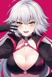  1girl :d ahoge bangs bikini black_bikini black_choker black_gloves black_jacket blush breasts choker cleavage collarbone commentary_request cropped_jacket eyebrows_visible_through_hair facing_viewer fate/grand_order fate_(series) gloves hair_between_eyes high_collar highres jacket jeanne_d&#039;arc_(alter_swimsuit_berserker) jeanne_d&#039;arc_(fate)_(all) large_breasts long_hair looking_at_viewer neko-san_(dim.dream) o-ring o-ring_bikini o-ring_top open_mouth shiny silver_hair smile sparkle swimsuit yellow_eyes 