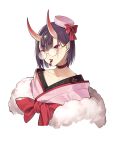  1girl bangs blush bow cherry choker collarbone fang fate/grand_order fate_(series) food fruit fur_trim glasses hat hat_bow highres horns japanese_clothes kimono mini_hat oni oni_horns open_mouth philomelalilium pink_hat pink_kimono purple_hair red_bow red_choker round_eyewear short_hair shuten_douji_(fate/grand_order) simple_background solo thick_eyebrows tongue tongue_out violet_eyes white_background 