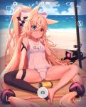  1girl animal_ears beach bird black_legwear blonde_hair blue_eyes blue_sky blush bow closed_mouth clouds day eyebrows_visible_through_hair g41_(girls_frontline) girls_frontline hair_bow heterochromia highres long_hair looking_at_viewer low-tied_long_hair maxdeng ocean one-piece_swimsuit outdoors red_eyes sand school_swimsuit single_thighhigh sitting sky solo spread_legs sweat swimsuit thigh-highs twintails very_long_hair white_bow white_school_swimsuit white_swimsuit 