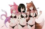  3girls :p ;d absurdres animal_ears arm_behind_back asui_tsuyu bikini black_bikini black_eyes black_hair blazblue boku_no_hero_academia breasts brown_hair cat_ears cat_tail commentary crossover english_commentary erospanda eyebrows_visible_through_hair fangs glasses gradient gradient_background hair_ribbon highres holo kokonoe long_hair looking_at_viewer medium_breasts multiple_girls multiple_tails navel one_eye_closed open_mouth pink_background pink_hair ponytail red_eyes ribbon semi-rimless_eyewear side-tie_bikini signature small_breasts smile spice_and_wolf swimsuit tail tongue tongue_out under-rim_eyewear white_background wolf_ears wolf_tail yellow_eyes yellow_ribbon 