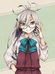  1girl adjusting_eyewear ahoge asashimo_(kantai_collection) bespectacled blue-framed_eyewear blue_bow blue_neckwear bow bowtie collared_shirt dress eyebrows_visible_through_hair eyes_visible_through_hair glasses green_eyes grey_hair grin hair_between_eyes hair_ornament hairclip hand_on_hip hand_up kantai_collection miroku_san-ju multicolored_hair pleated_dress ponytail purple_dress purple_hair school_uniform sharp_teeth shirt signature sleeves_rolled_up smile solo sparkle teeth white_shirt wing_collar 