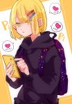  androgynous backpack bag blonde_hair bob_cut cellphone hair_ornament hairclip highres holding holding_cellphone holding_phone hood hoodie phone smartphone torippy virtual_youtuber yellow_eyes youtube yumaaaaa0125 