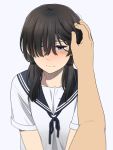 1girl bangs black_hair blue_ribbon blue_sailor_collar blush closed_mouth collarbone fingernails grey_background hair_over_one_eye hair_tie hand_on_another&#039;s_head long_hair looking_at_viewer low_twintails mattaku_mousuke neck_ribbon nose_blush original out_of_frame ribbon sailor_collar school_uniform serafuku shirt short_sleeves simple_background solo_focus twintails upper_body wavy_mouth white_shirt 