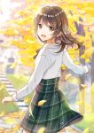  1girl :d autumn_leaves bangs blurry blurry_background blush brown_eyes brown_hair collared_shirt commentary_request day depth_of_field eyebrows_visible_through_hair grass green_skirt hair_between_eyes high-waist_skirt highres leaf long_hair long_sleeves looking_at_viewer looking_back mono_lith open_mouth original outdoors plaid plaid_skirt school_uniform shirt skirt smile solo stairs standing stone_stairs tree white_shirt 