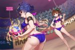  2girls ahoge antenna_hair armband ass audience aura beach_volleyball bikini blue_hair bow breasts brown_eyes brown_hair commentary dark_sky drill_hair eyewear_on_head glasses hair_bow hand_on_hip idolmaster idolmaster_million_live! idolmaster_million_live!_theater_days kamille_(vcx68) large_breasts midriff multiple_girls navel outdoors playing_sports purple_bikini short_hair side_drill side_ponytail sport standing swimsuit toyokawa_fuuka violet_eyes volleyball yokoyama_nao 