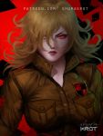  1girl artist_name bangs blonde_hair breasts facing_viewer hair_over_one_eye hellsing high_collar large_breasts looking_at_viewer military military_uniform red_background red_eyes red_lips seras_victoria short_hair shurakrgt solo uniform vampire 