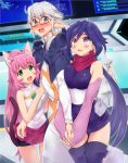  1boy 3girls :d animal_ears ayame_(gundam_build_divers) bangs bare_shoulders bike_shorts blush bonza boots breast_press breasts capelet cat_ears cat_tail dress elbow_gloves elf eyebrows_visible_through_hair glasses gloves green_eyes gundam gundam_build_divers hair_between_eyes hair_over_shoulder hand_holding highres holographic_interface holographic_monitor japanese_clothes ko-1_(gundam_build_divers) large_breasts locked_arms long_hair long_sleeves momo_(gundam_build_divers) multiple_girls open_mouth pantyhose pink_hair pink_skirt pointy_ears ponytail purple_hair purple_legwear red-framed_eyewear red_scarf sara_(gundam_build_divers) scarf semi-rimless_eyewear shiny shiny_clothes shiny_hair shorts shorts_under_skirt silver_hair skirt smile sweatdrop tail thigh-highs thigh_boots thighhighs_under_boots twintails under-rim_eyewear very_long_hair violet_eyes white_dress 