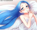  1girl bed blue_eyes blue_hair blush breasts highres kantai_collection long_hair looking_at_viewer lying nuka_(nvkka) open_mouth pillow samidare_(kantai_collection) small_breasts solo 