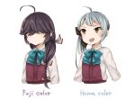  2girls :d ahoge bangs black_bow blue_bow blue_neckwear bow bowtie braid brown_eyes collared_shirt color_switch dress english fujinami_(kantai_collection) hair_bow hair_over_eyes hair_over_shoulder hair_ribbon hamanami_(kantai_collection) kantai_collection long_hair miroku_san-ju multiple_girls open_mouth pleated_dress purple_dress purple_hair ribbon school_uniform shirt side_ponytail silver_hair single_braid smile white_background white_shirt wing_collar 