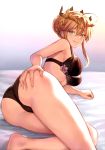  1girl absurdres artoria_pendragon_(all) artoria_pendragon_(lancer) ass bangs bare_legs bare_shoulders bed_sheet black_bra black_panties blonde_hair bra braid breasts closed_mouth crown eyebrows_visible_through_hair fate/grand_order fate_(series) fingernails french_braid green_eyes hair_between_eyes hair_bun half-closed_eyes hand_on_own_ass highres large_breasts lingerie looking_at_viewer looking_back lying mashu_003 on_side panties scan sidelocks simple_background smile solo thighs tsurime underwear underwear_only 