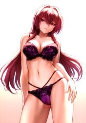  1girl absurdres arms_at_sides ass_visible_through_thighs blush bra breasts brown_hair cleavage cowboy_shot eyebrows_visible_through_hair fate/grand_order fate_(series) gradient gradient_background hair_between_eyes hair_intakes highres lace lace-trimmed_bra lace_bra lace_panties large_breasts lingerie long_hair mashu_003 multi-strapped_panties navel panties parted_lips purple_bra purple_hair purple_panties red_eyes scan scathach_(fate)_(all) scathach_(fate/grand_order) signature simple_background solo standing underwear underwear_only 